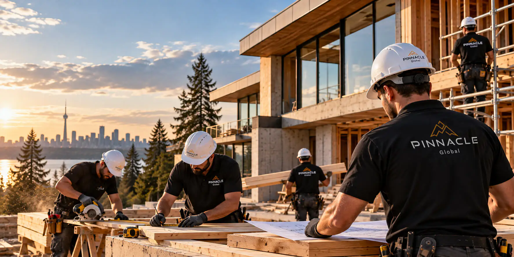 Pinnacle Global crew in branded shirts and hard hats framing a modern home at sunset