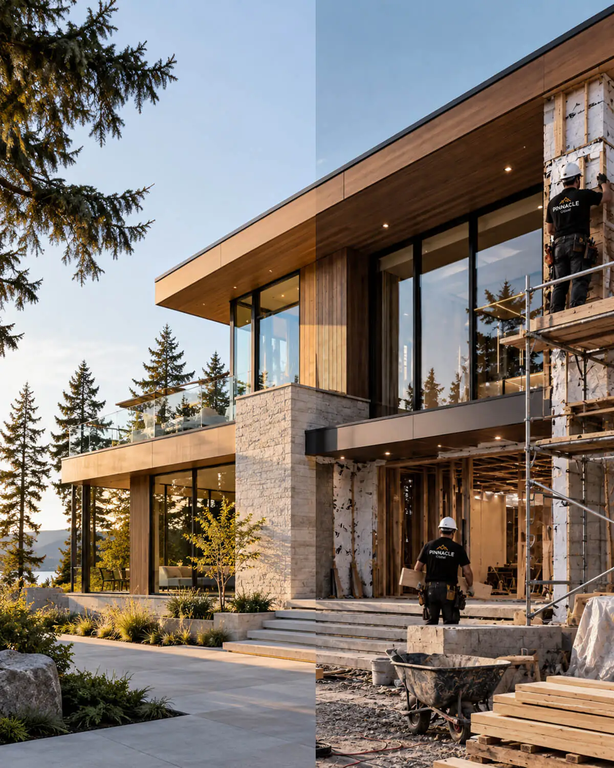 Split view of a modern custom home: finished on one side, under construction with the Pinnacle Global crew on the other