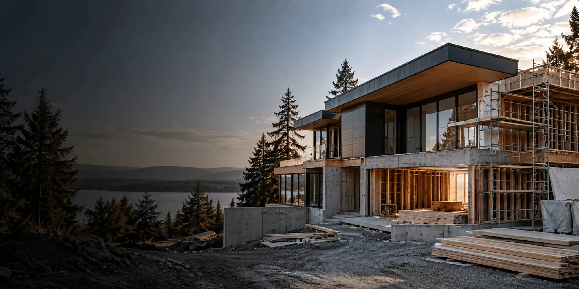 Modern hillside home under construction at sunset, with concrete walls, timber framing and scaffolding above a lake