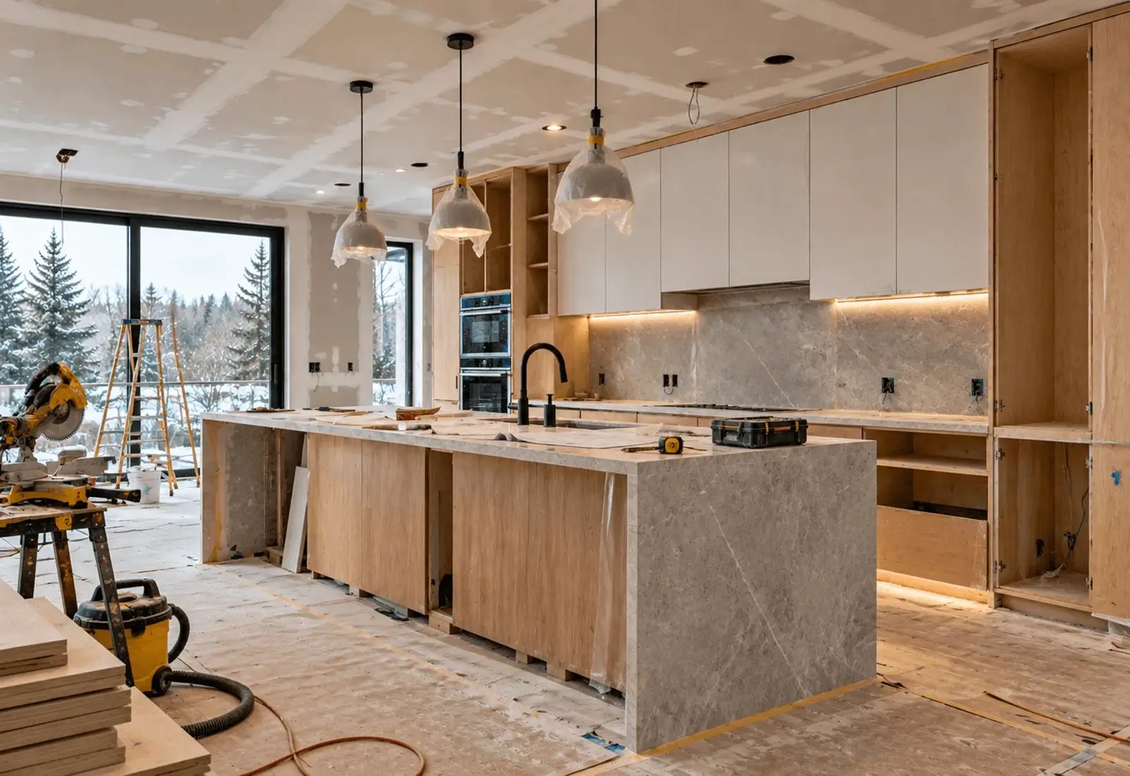 Kitchen renovation in progress: waterfall stone island, wood and white cabinetry, pendant lights and drywall ceiling