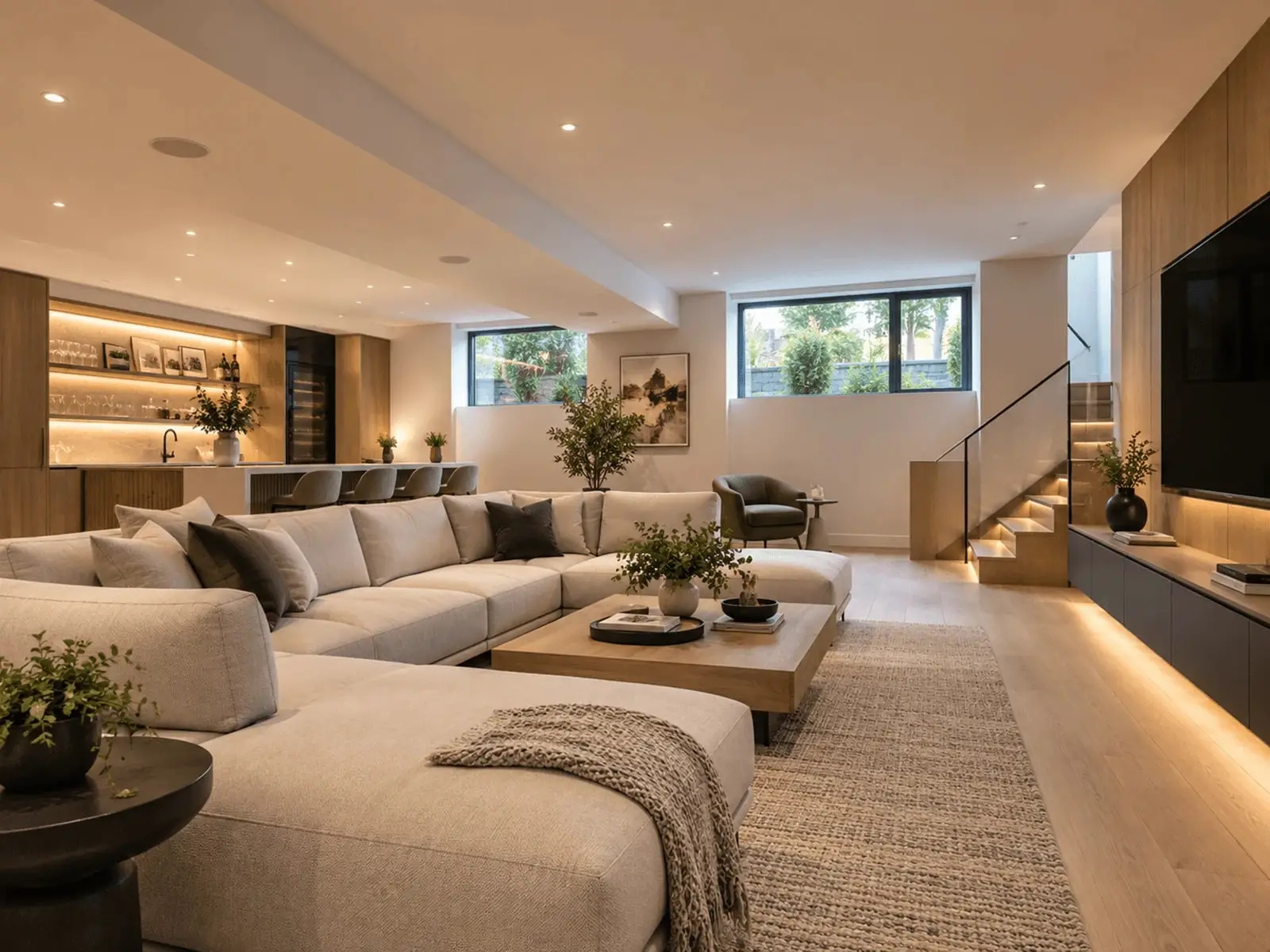 Finished basement with a sectional sofa, wet bar, lit open-tread stairs and recessed lighting