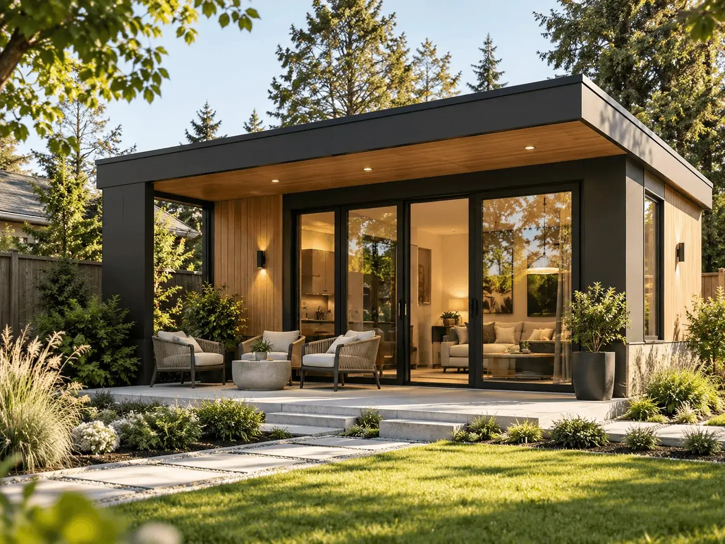 Modern garden suite with a flat roof, wood cladding and floor-to-ceiling glass doors in a landscaped backyard