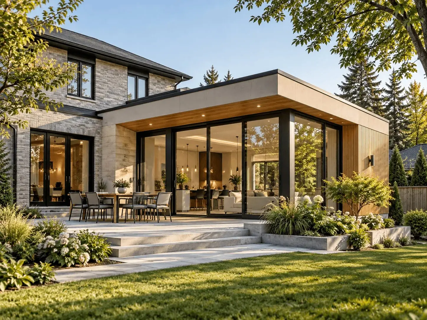 Modern single-storey rear extension with wood cladding and floor-to-ceiling glass doors, joined to a brick house