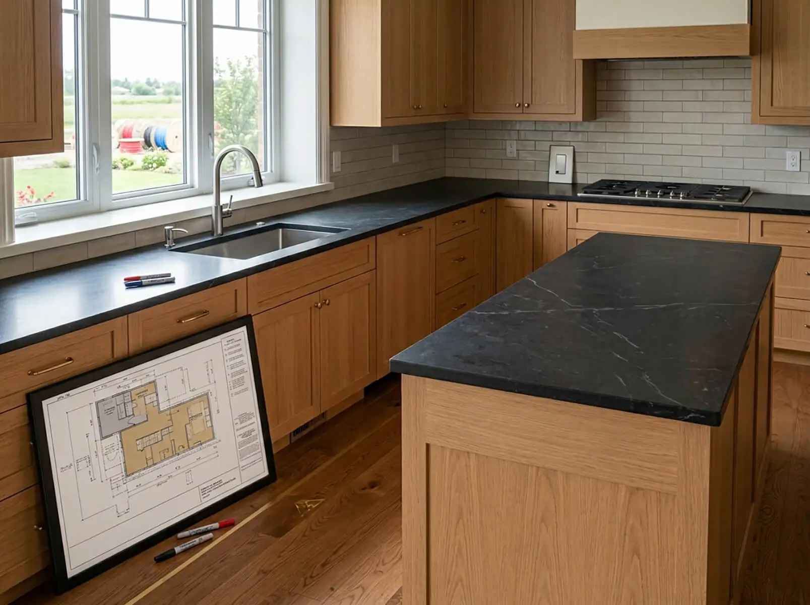 Kitchen with white oak shaker cabinets, black stone countertops, a large island and a tiled backsplash