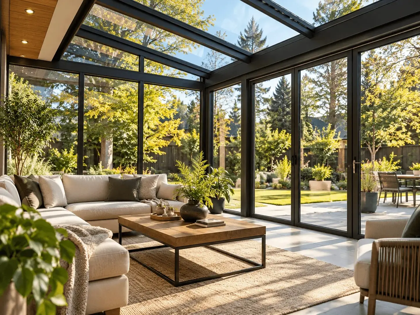 Sunroom with a glass roof and floor-to-ceiling windows overlooking a landscaped backyard