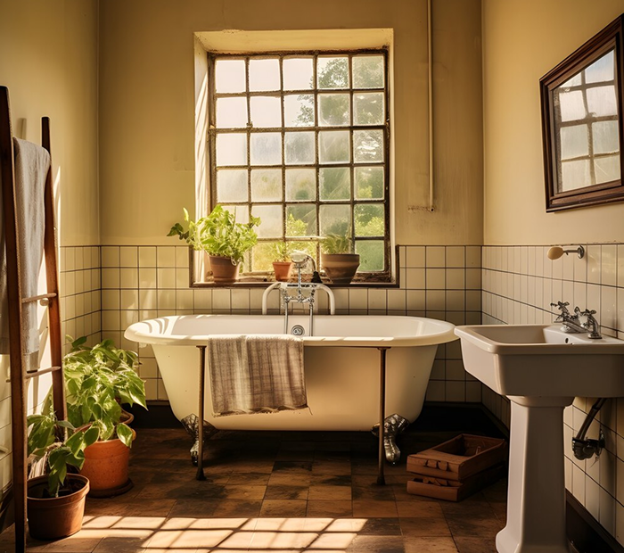 a bathroom with a tub and sink